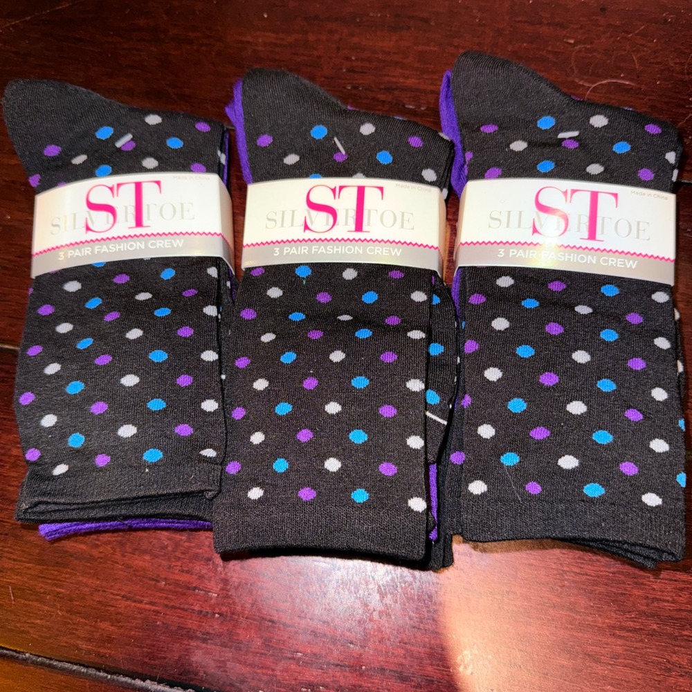 Silvertoe Fashion Crew Socks Women 9-11 NEW 9 Pairs Polka Dot, Purple, Black